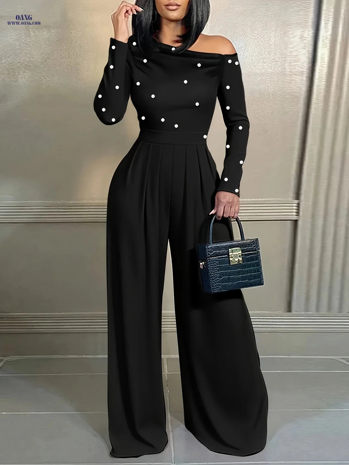 Elegant Women's Off-Shoulder Dress - Pearl Embellishments, Wide-Leg   OAXG 