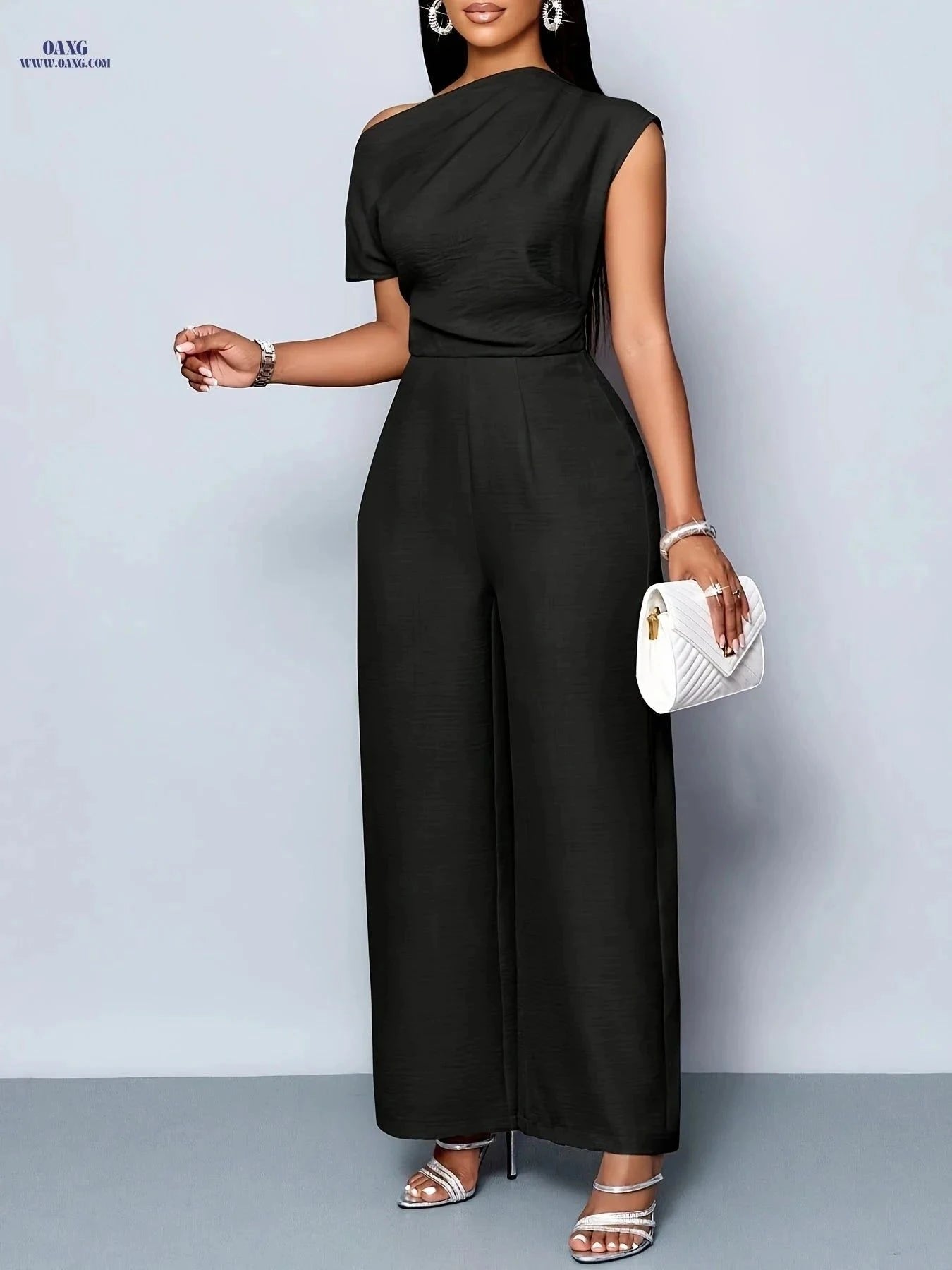 Elegant Women's Off-Shoulder Jumpsuit - Casual Daytime Outfit   OAXG Black / S