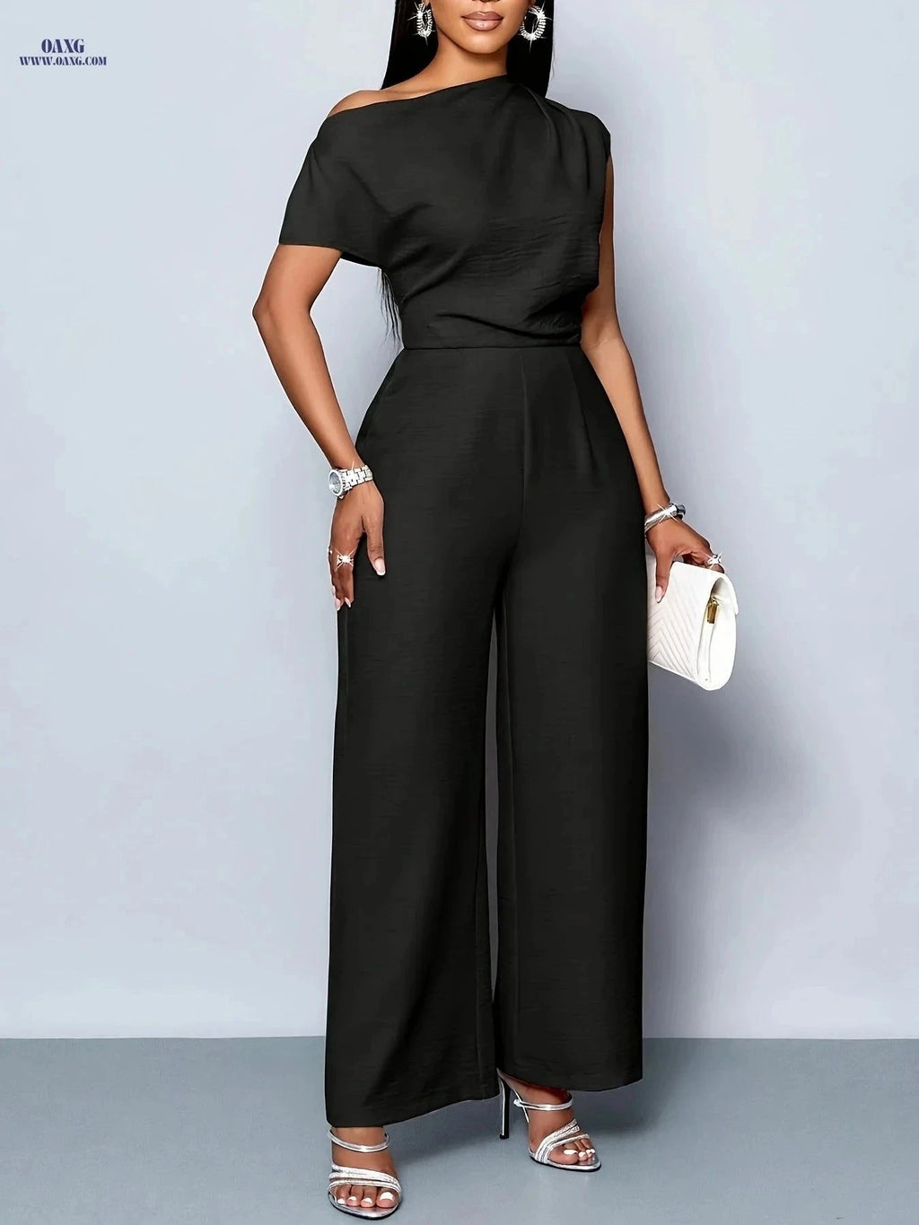 Elegant Women's Off-Shoulder Jumpsuit - Casual Daytime Outfit   OAXG Black / S