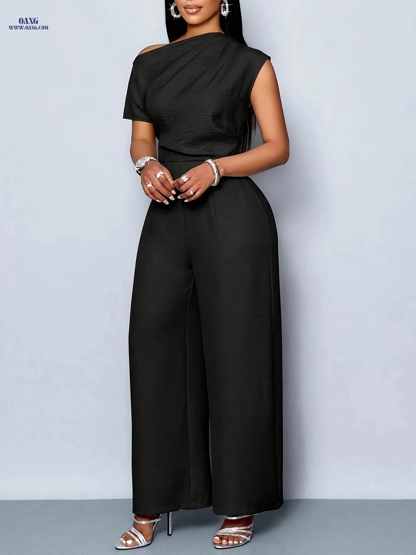 Elegant Women's Off-Shoulder Jumpsuit - Casual Daytime Outfit   OAXG Black / S