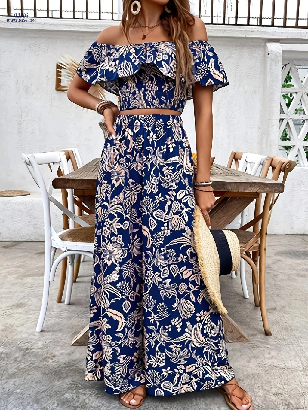 Elegant Women’s Off-Shoulder Ruffle Top & Palazzo Pants Set   OAXG 