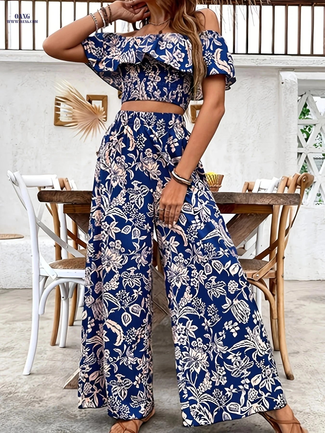 Elegant Women’s Off-Shoulder Ruffle Top & Palazzo Pants Set   OAXG 