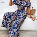 Elegant Women’s Off-Shoulder Ruffle Top & Palazzo Pants Set   OAXG Dark Blue / S