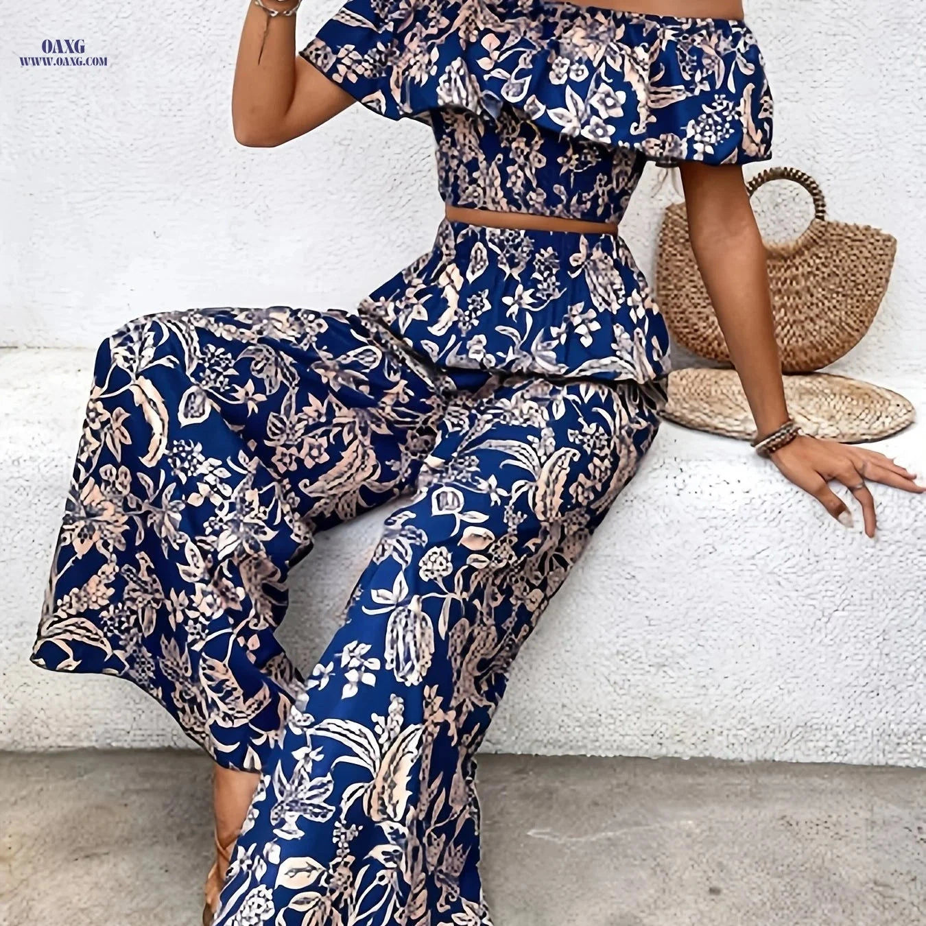 Elegant Women’s Off-Shoulder Ruffle Top & Palazzo Pants Set   OAXG Dark Blue / S