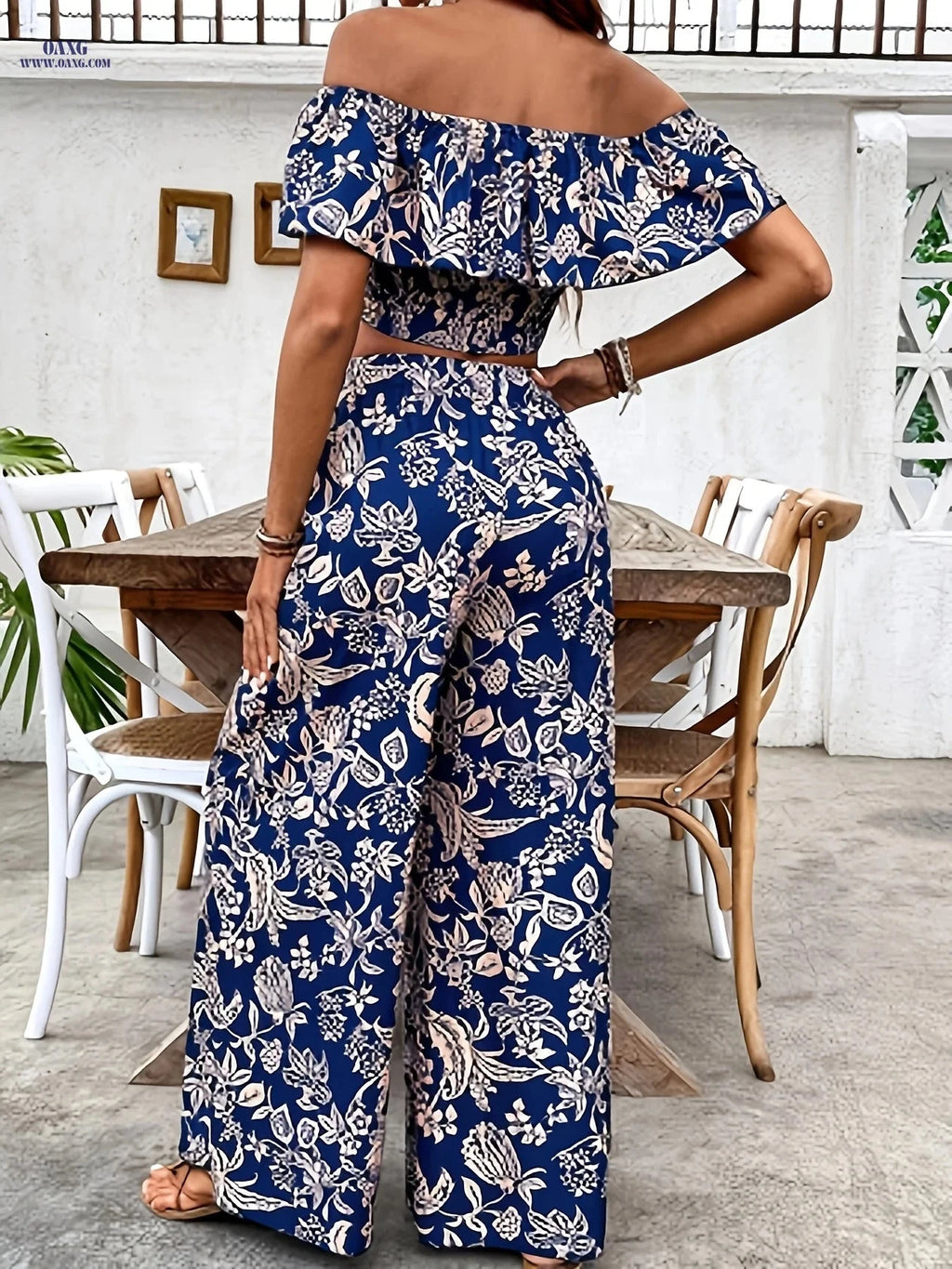 Elegant Women’s Off-Shoulder Ruffle Top & Palazzo Pants Set   OAXG Dark Blue / S