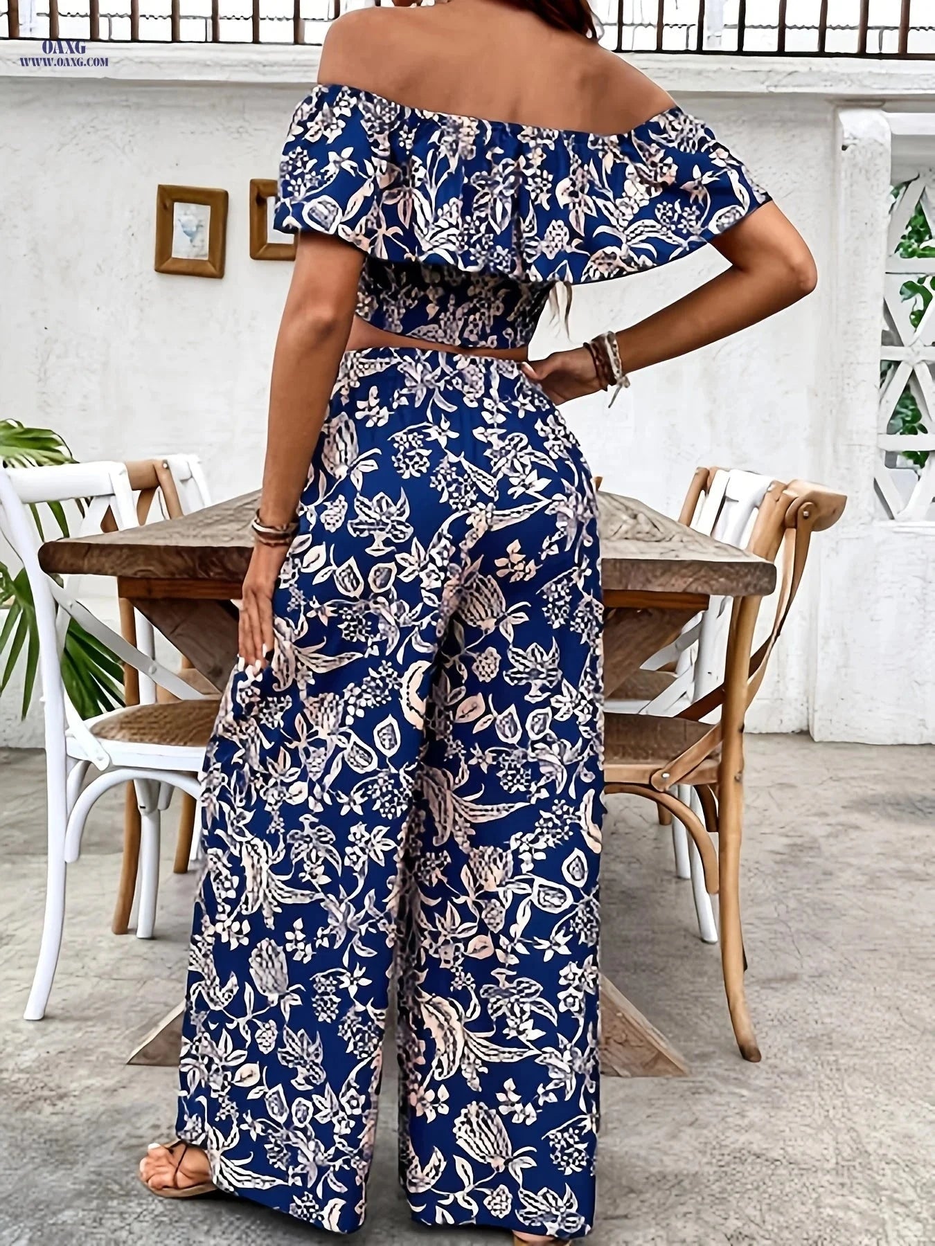 Elegant Women’s Off-Shoulder Ruffle Top & Palazzo Pants Set   OAXG Dark Blue / S