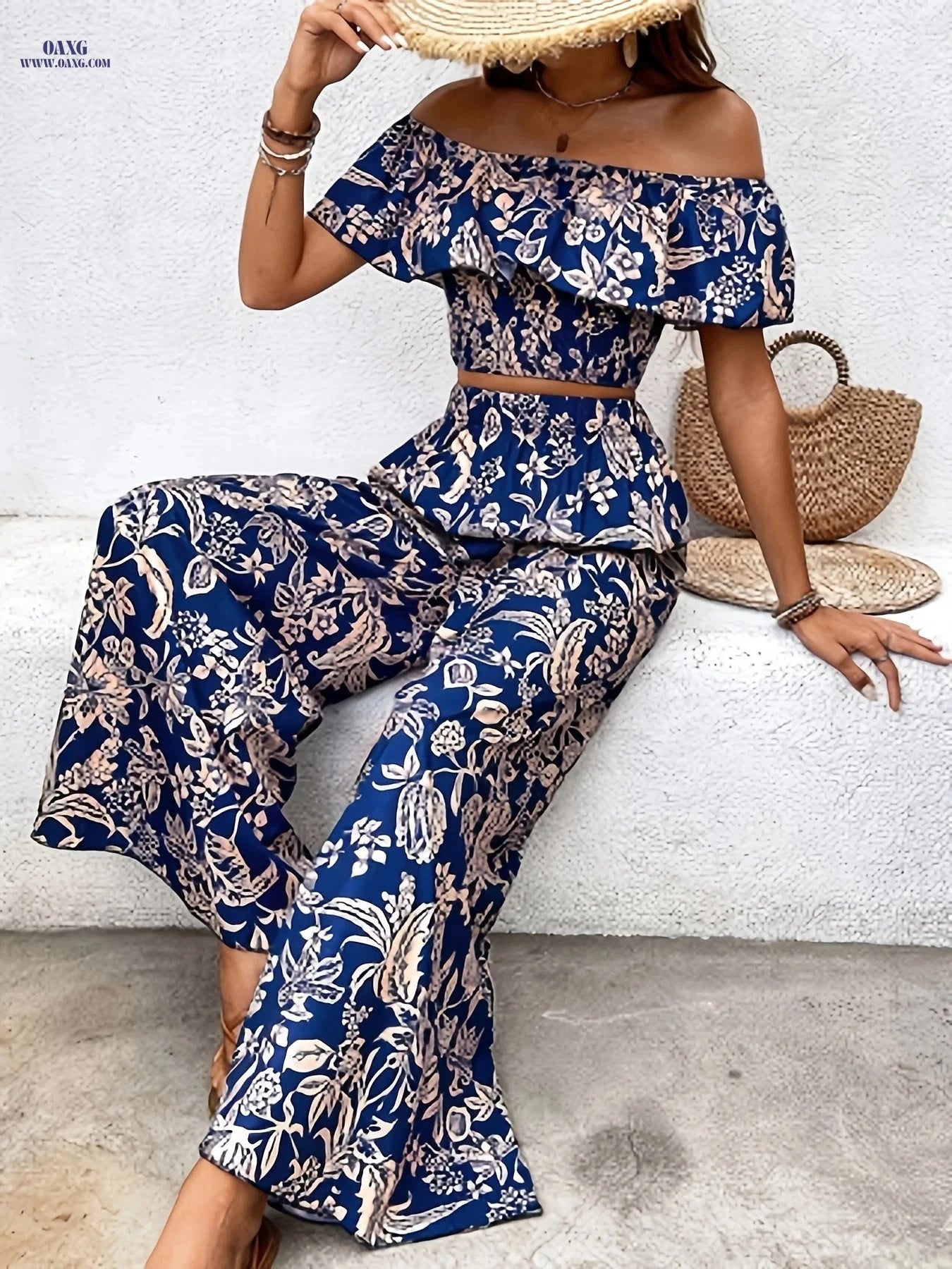 Elegant Women’s Off-Shoulder Ruffle Top & Palazzo Pants Set   OAXG Dark Blue / S