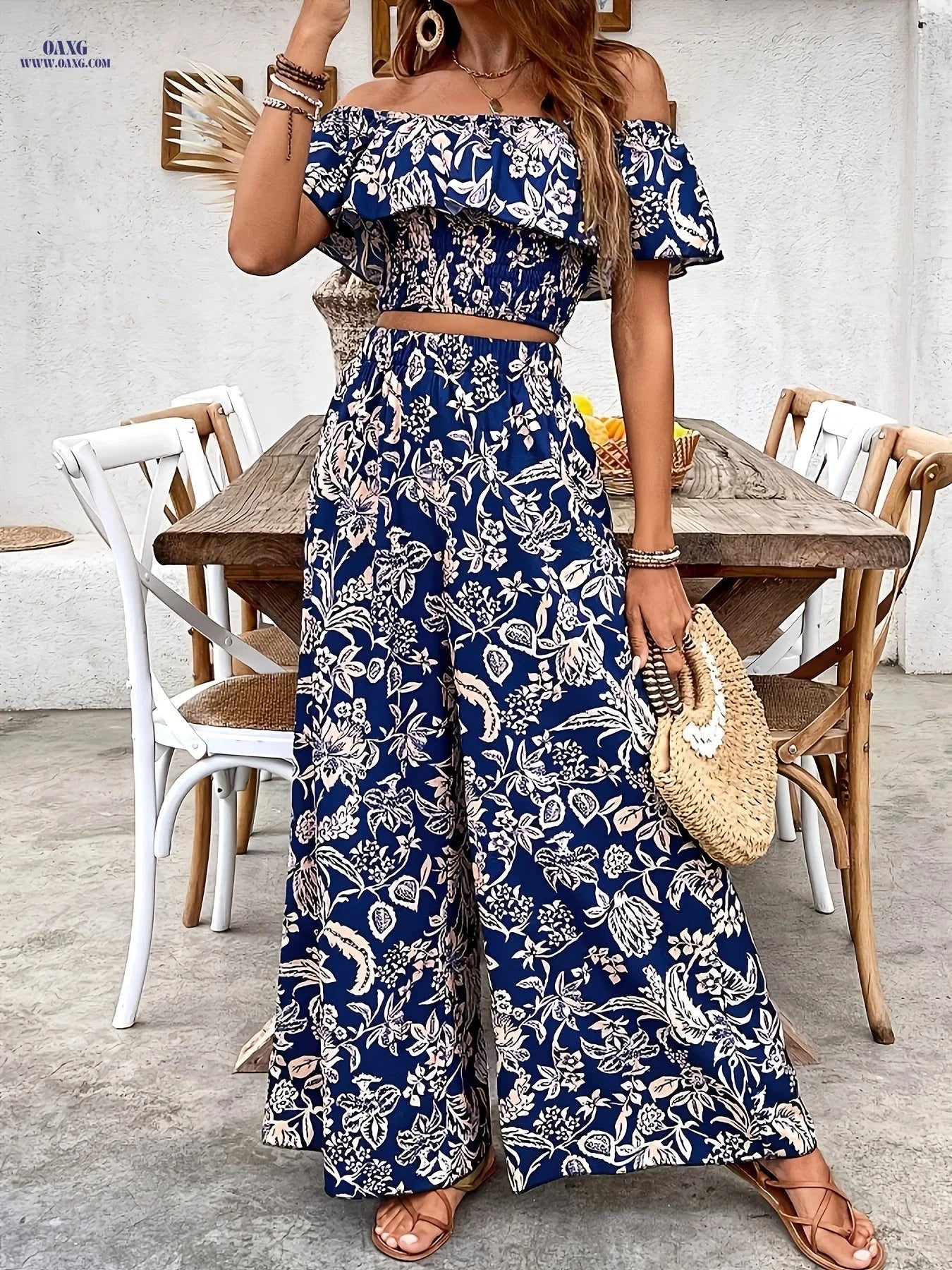 Elegant Women’s Off-Shoulder Ruffle Top & Palazzo Pants Set   OAXG 