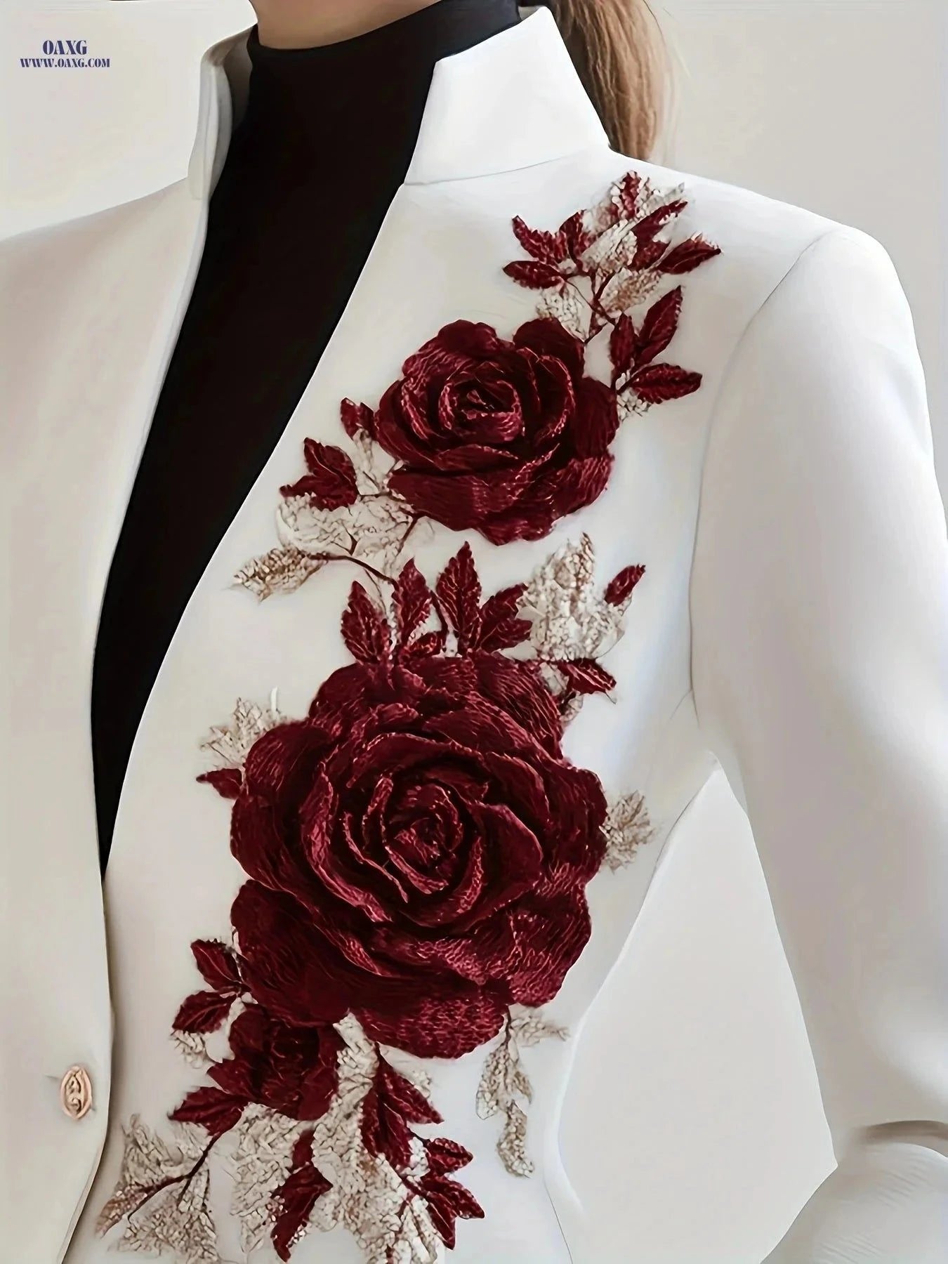 Elegant Women's One-Piece Jacket - Rose Embroidery, Casual Fit   OAXG White / S