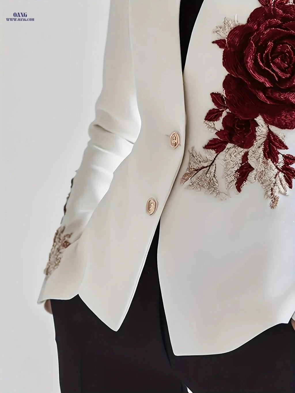 Elegant Women's One-Piece Jacket - Rose Embroidery, Casual Fit   OAXG White / S