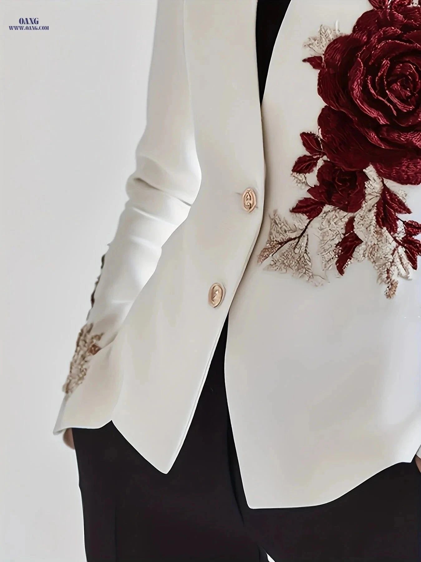 Elegant Women's One-Piece Jacket - Rose Embroidery, Casual Fit   OAXG White / S