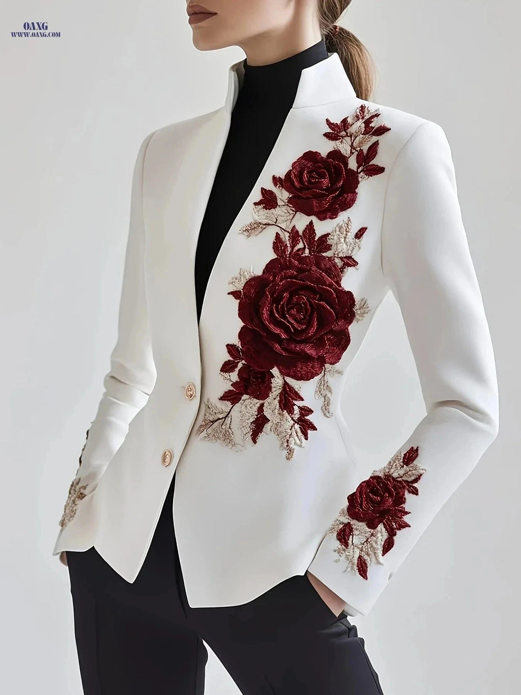 Elegant Women's One-Piece Jacket - Rose Embroidery, Casual Fit   OAXG White / S