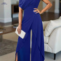 Elegant Women's One-Shoulder Jumpsuit - Stylish Wide Leg Design   OAXG Blue / S