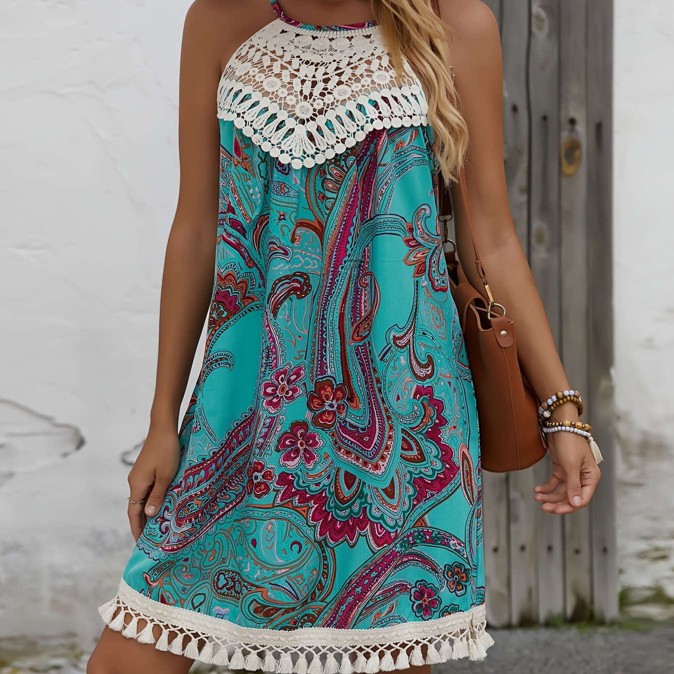 Elegant Women's Paisley Print Spliced Dress - Summer Halter Neck   OAXG 