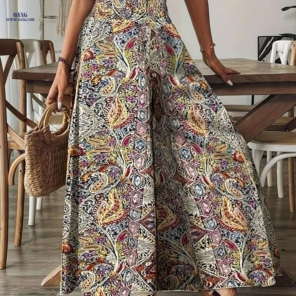 Elegant Women's Paisley Print Wide-Leg Pants - High-Waisted Fit   OAXG 