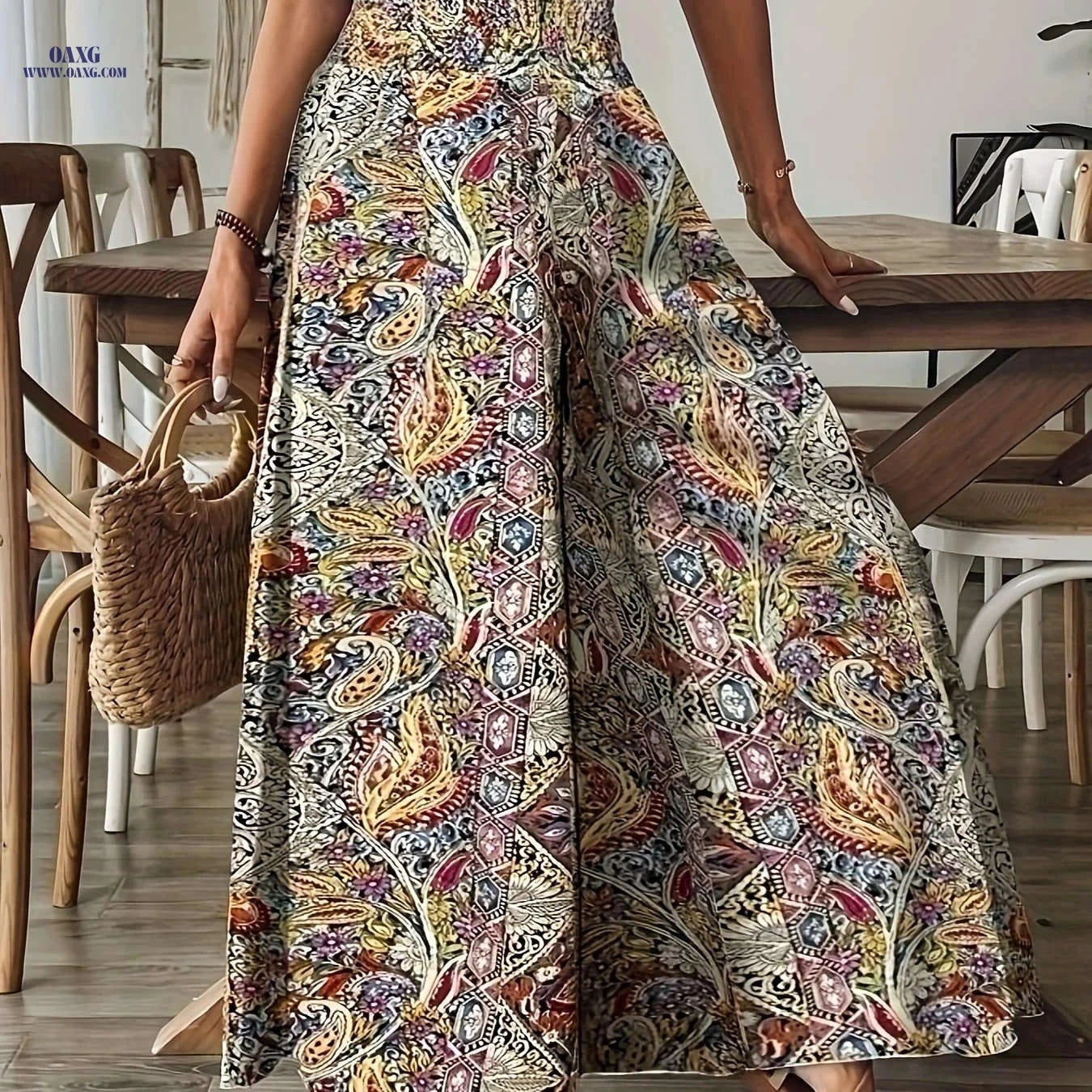 Elegant Women's Paisley Print Wide-Leg Pants - High-Waisted Fit   OAXG 