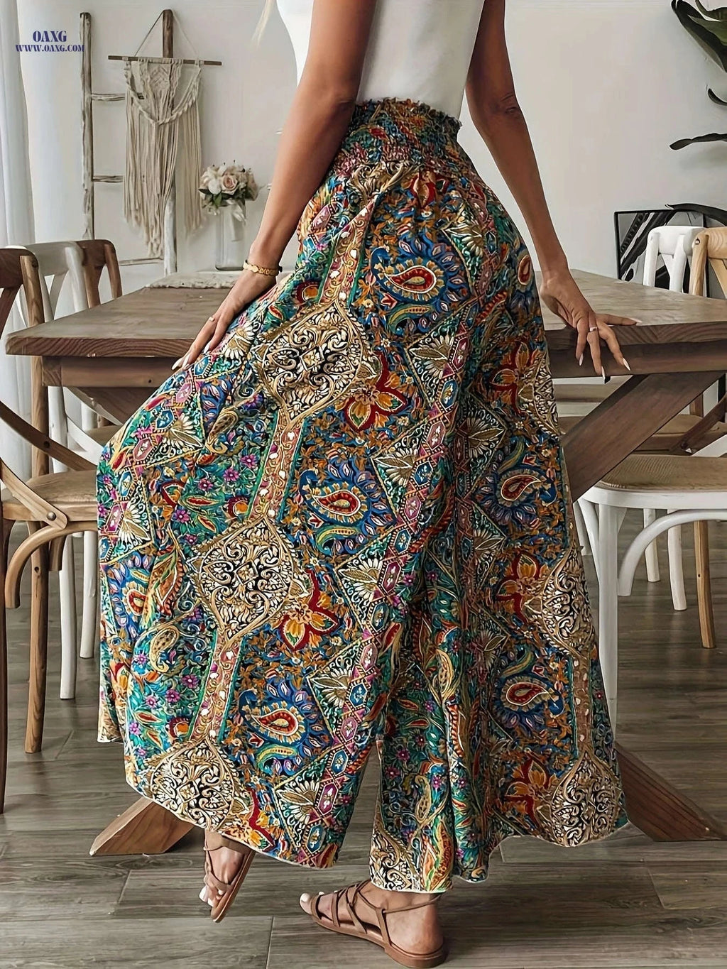 Elegant Women's Paisley Print Wide-Leg Pants - High-Waisted Fit   OAXG 