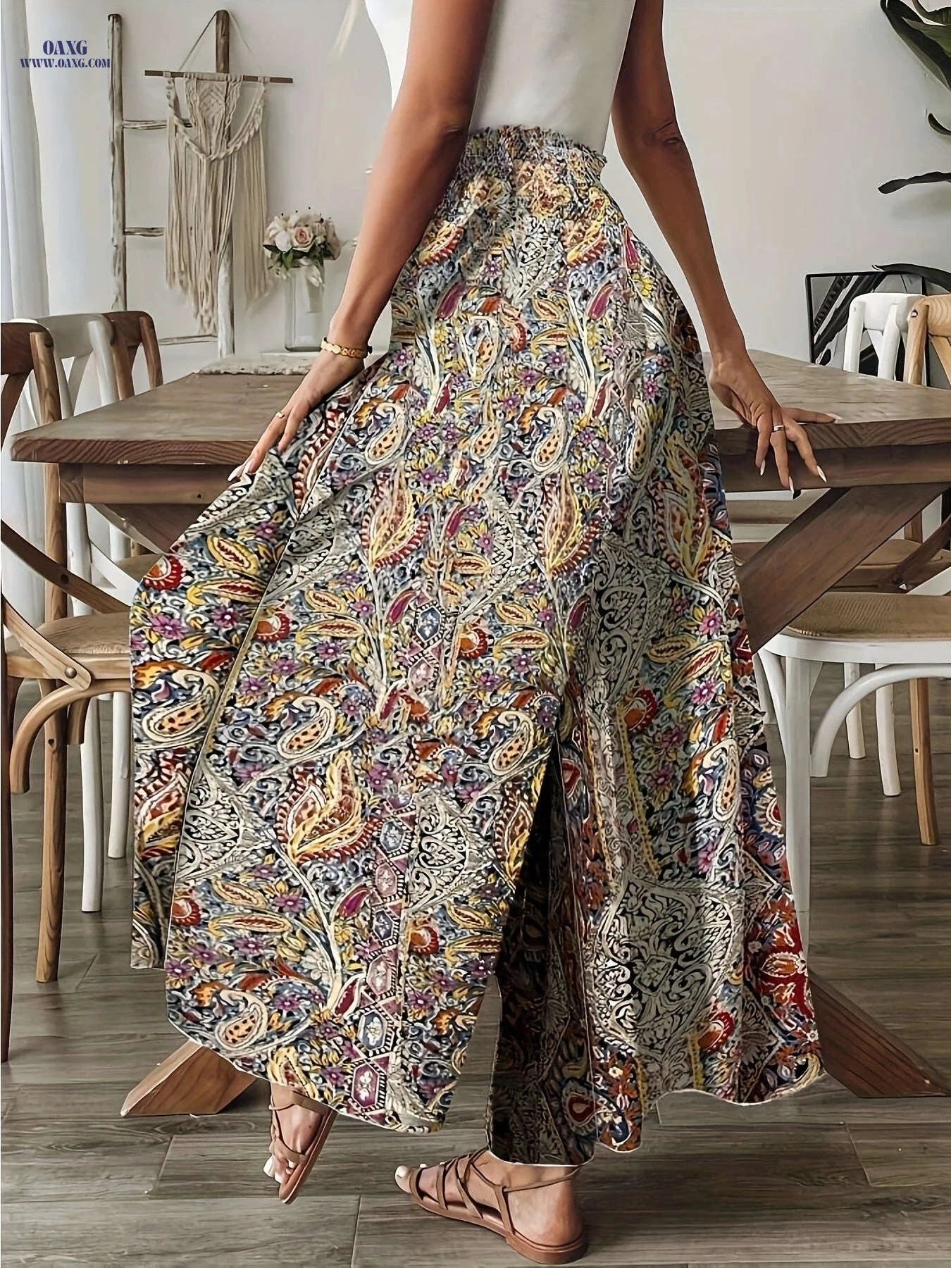Elegant Women's Paisley Print Wide-Leg Pants - High-Waisted Fit   OAXG Mixed Color / S