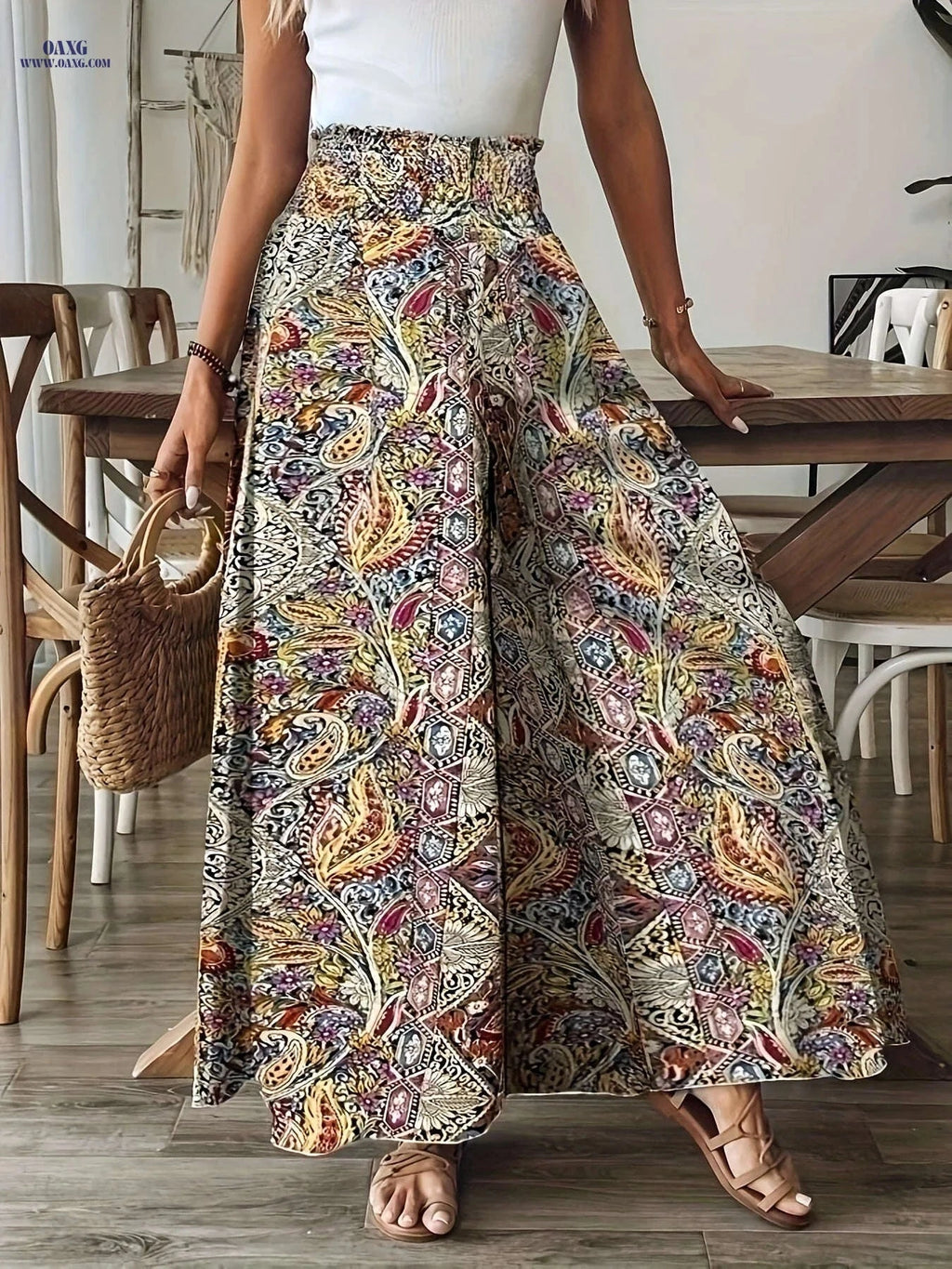 Elegant Women's Paisley Print Wide-Leg Pants - High-Waisted Fit   OAXG Mixed Color / S