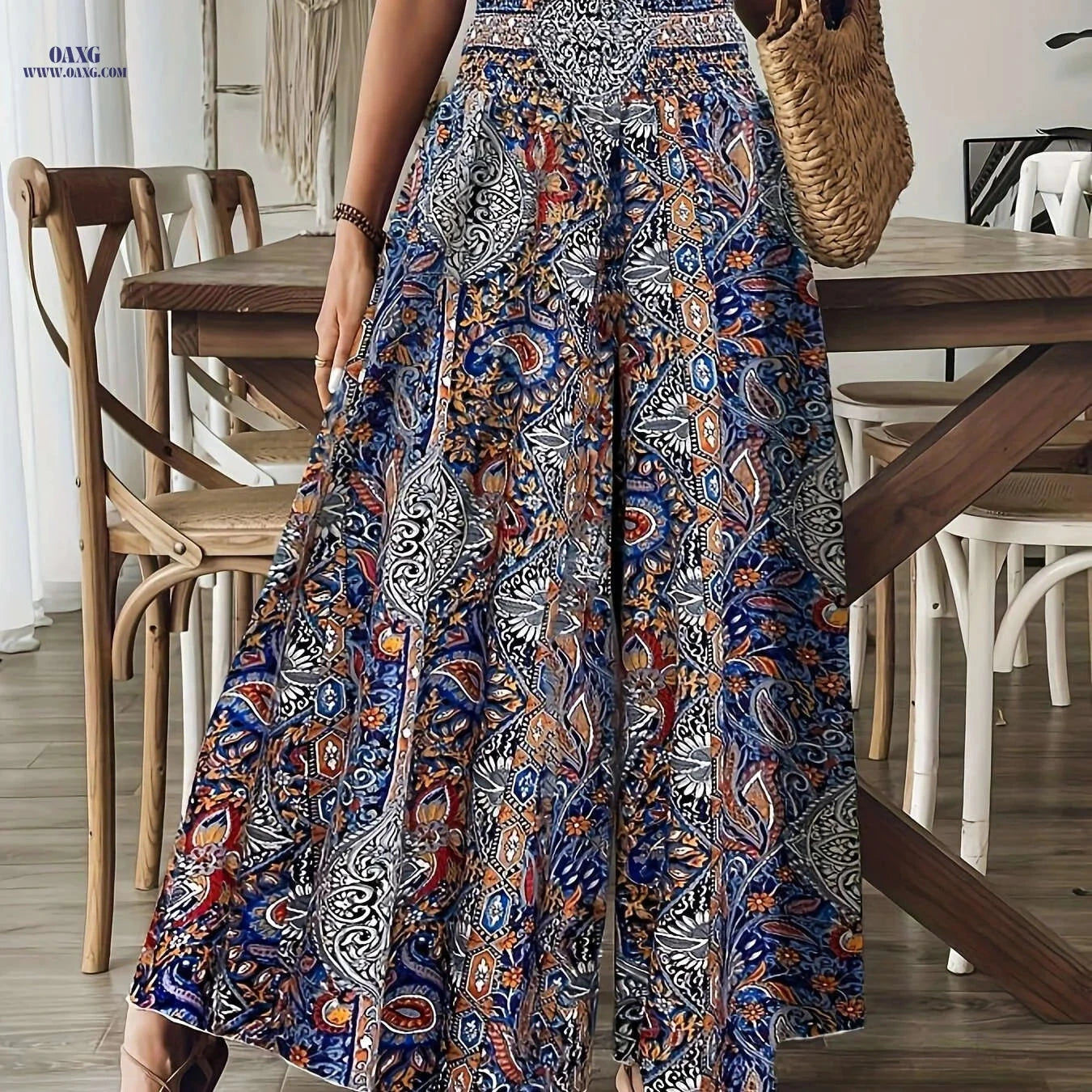 Elegant Women's Paisley Print Wide-Leg Pants - High-Waisted Fit   OAXG Mixed Color / S