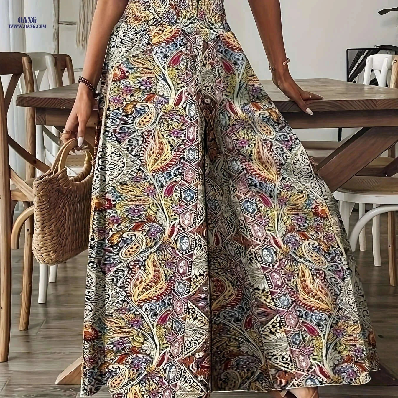 Elegant Women's Paisley Print Wide-Leg Pants - High-Waisted Fit   OAXG Mixed Color / S