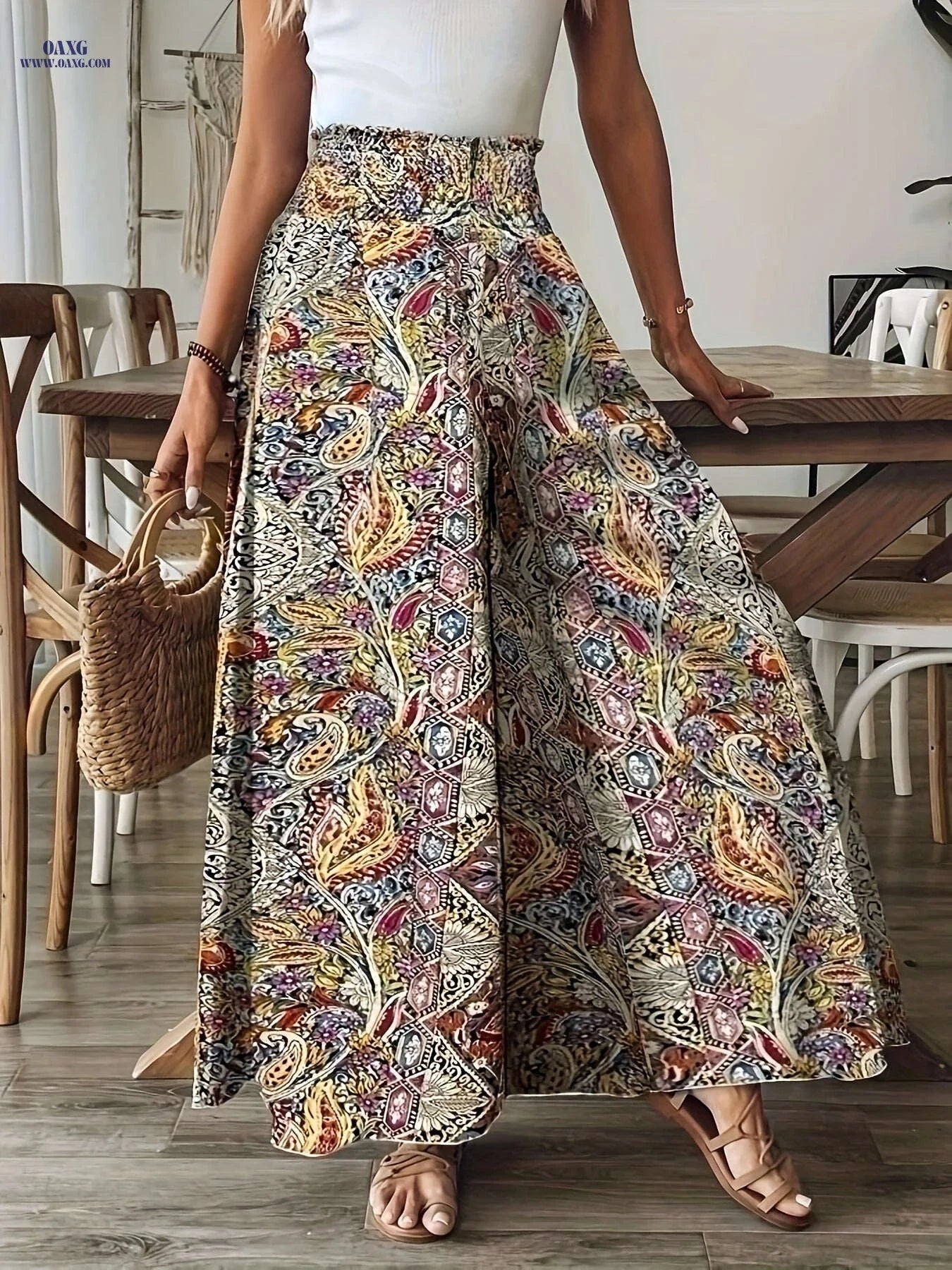 Elegant Women's Paisley Print Wide-Leg Pants - High-Waisted Fit   OAXG Mixed Color / S