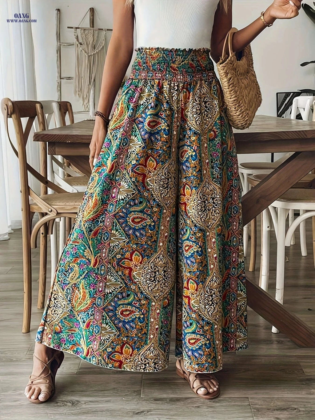 Elegant Women's Paisley Print Wide-Leg Pants - High-Waisted Fit   OAXG Mixed Color / S