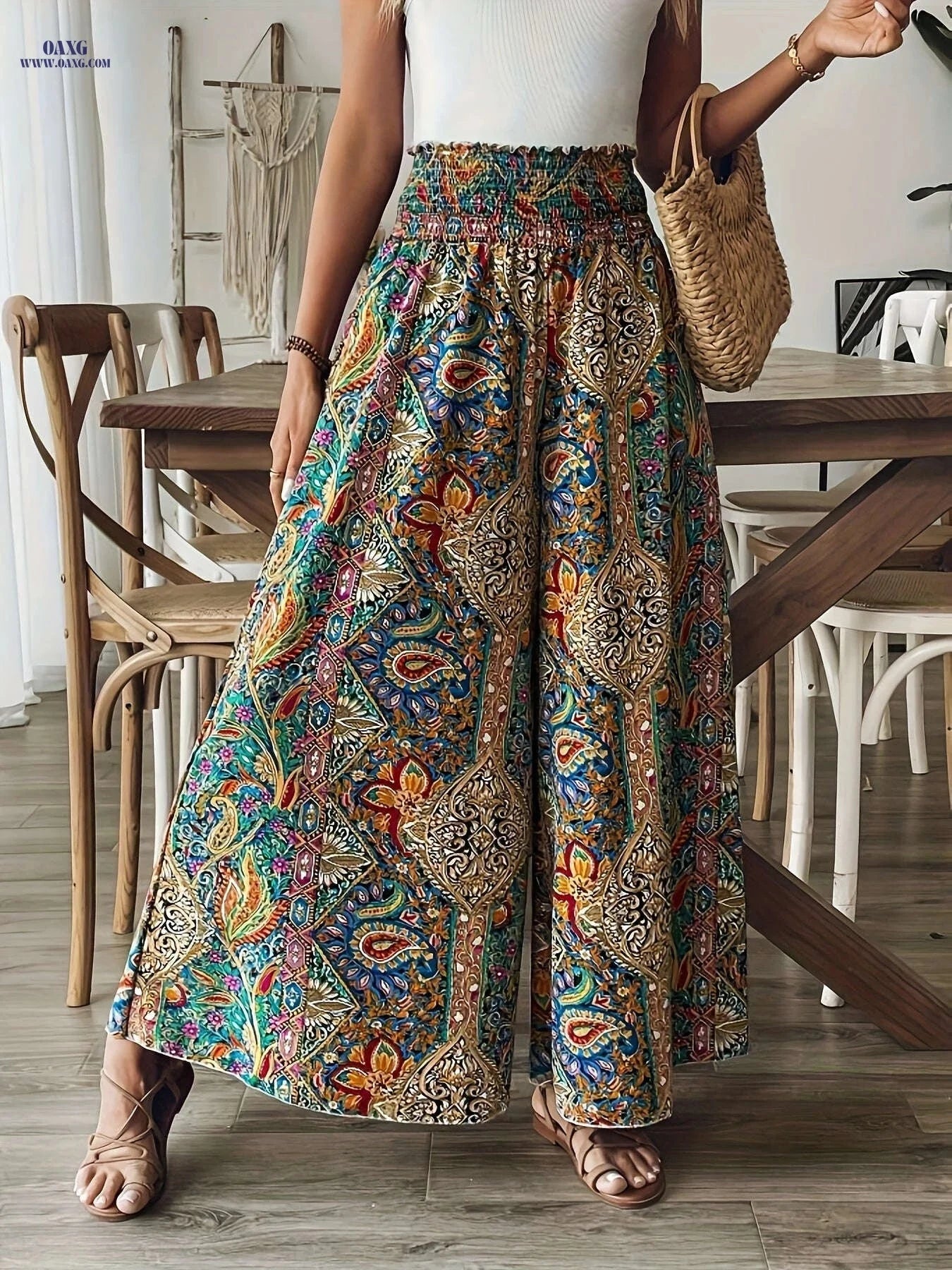 Elegant Women's Paisley Print Wide-Leg Pants - High-Waisted Fit   OAXG Mixed Color / S