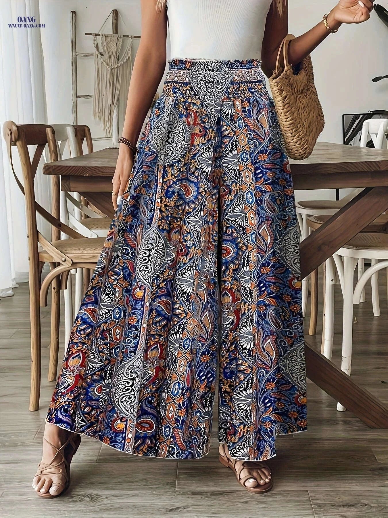 Elegant Women's Paisley Print Wide-Leg Pants - High-Waisted Fit   OAXG 