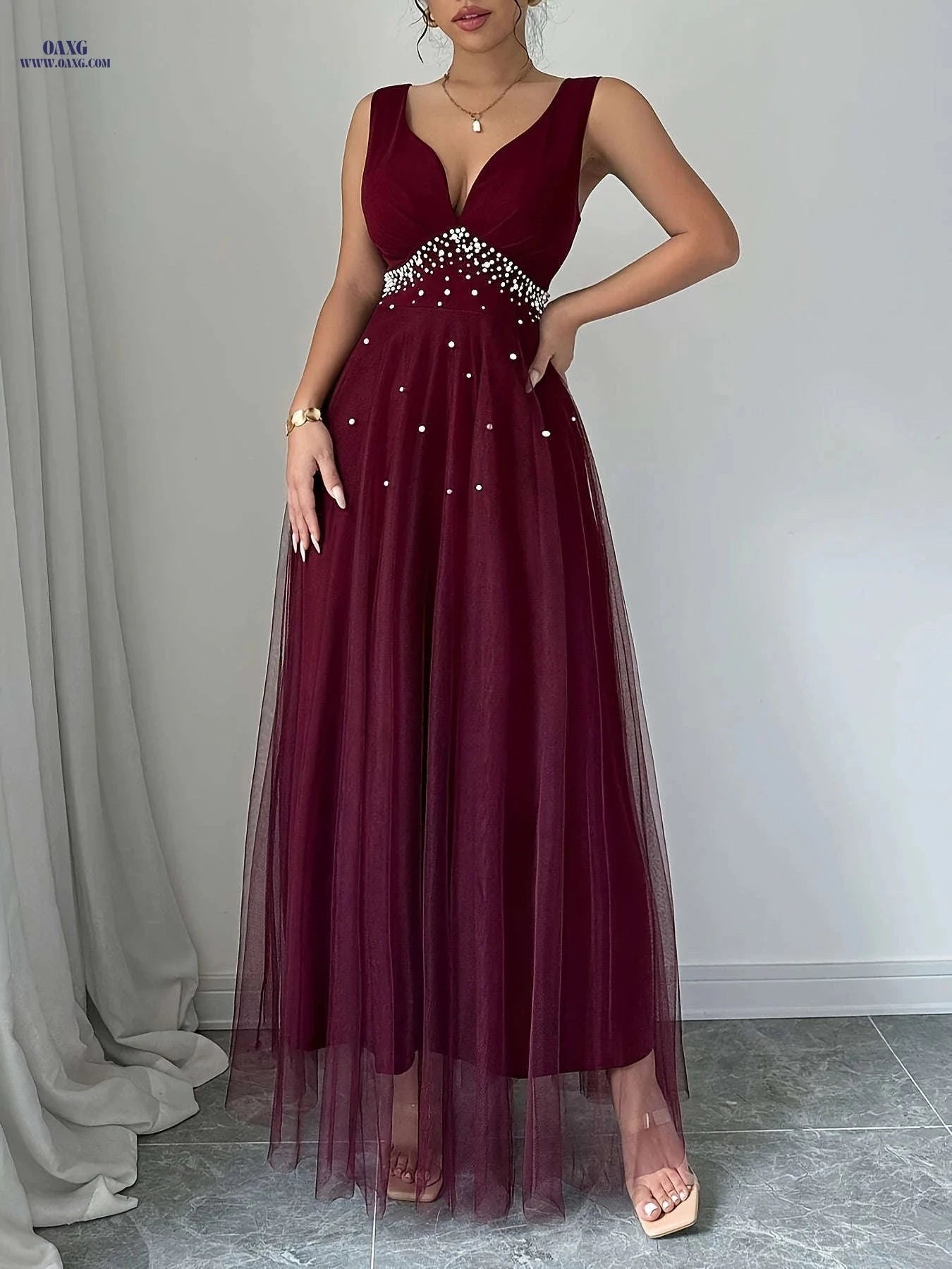 Elegant Women's Pearl Heart Neckline Dress - Perfect for Parties   OAXG 