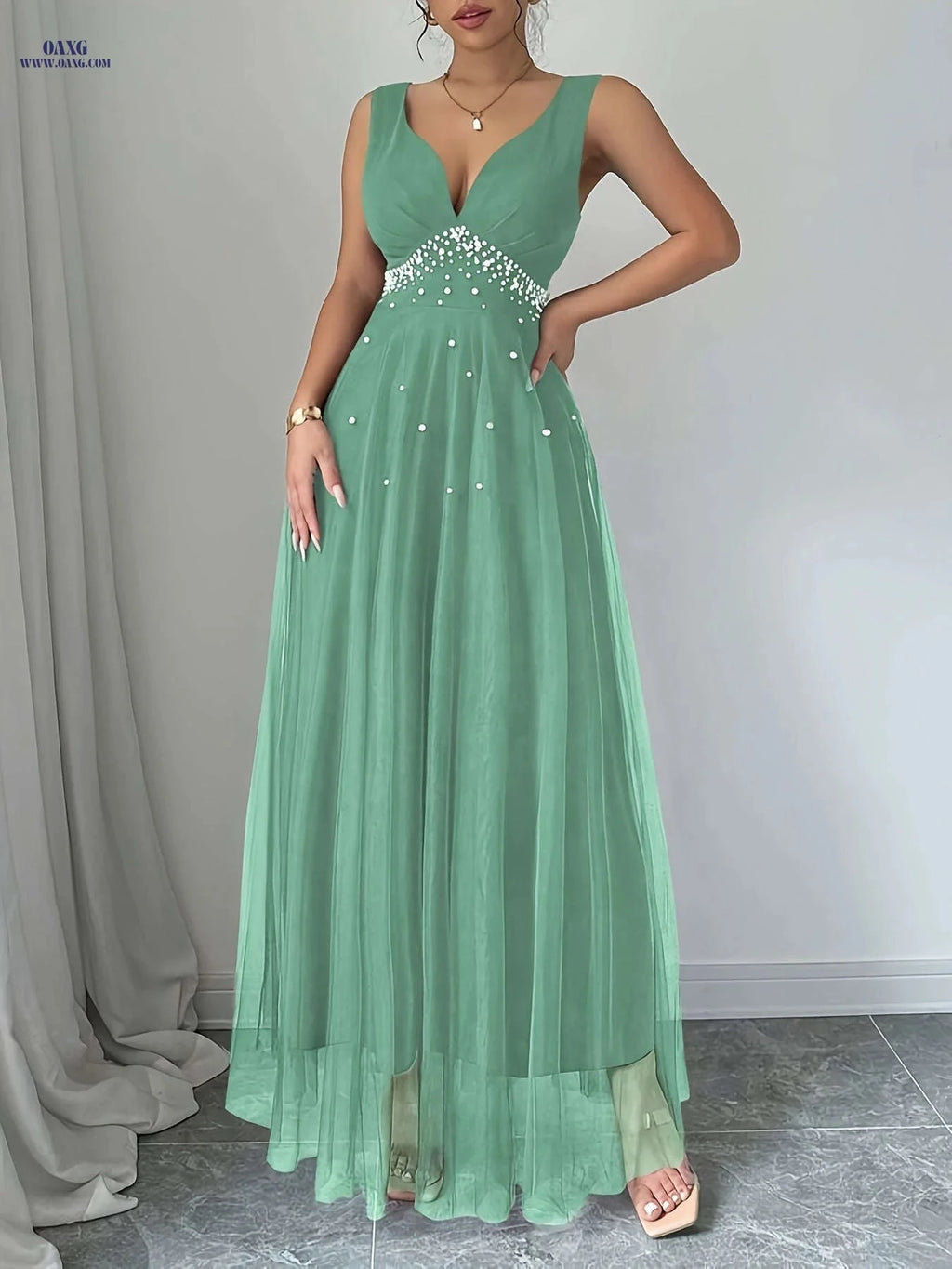 Elegant Women's Pearl Heart Neckline Dress - Perfect for Parties   OAXG 