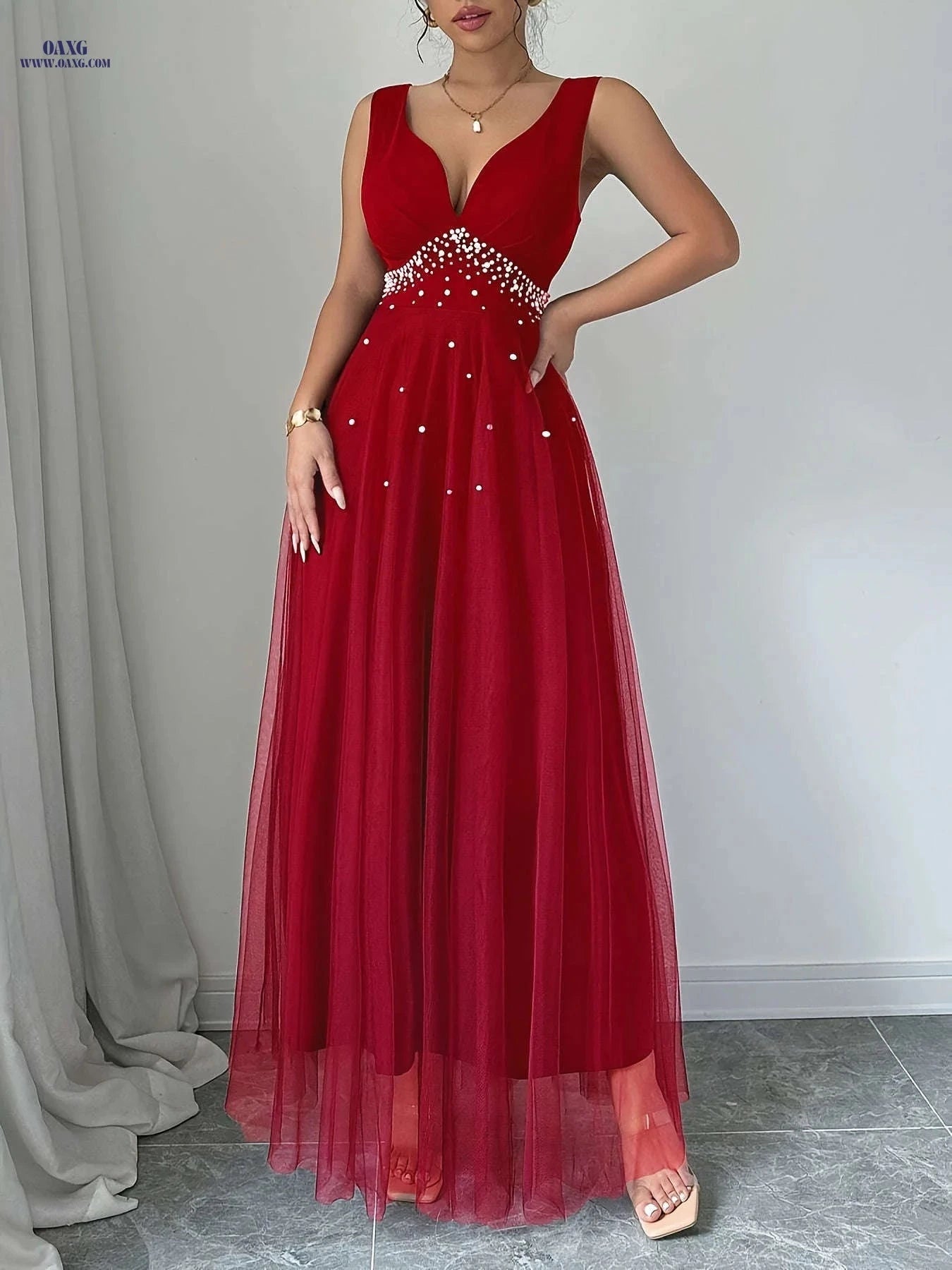 Elegant Women's Pearl Heart Neckline Dress - Perfect for Parties   OAXG Blue / S