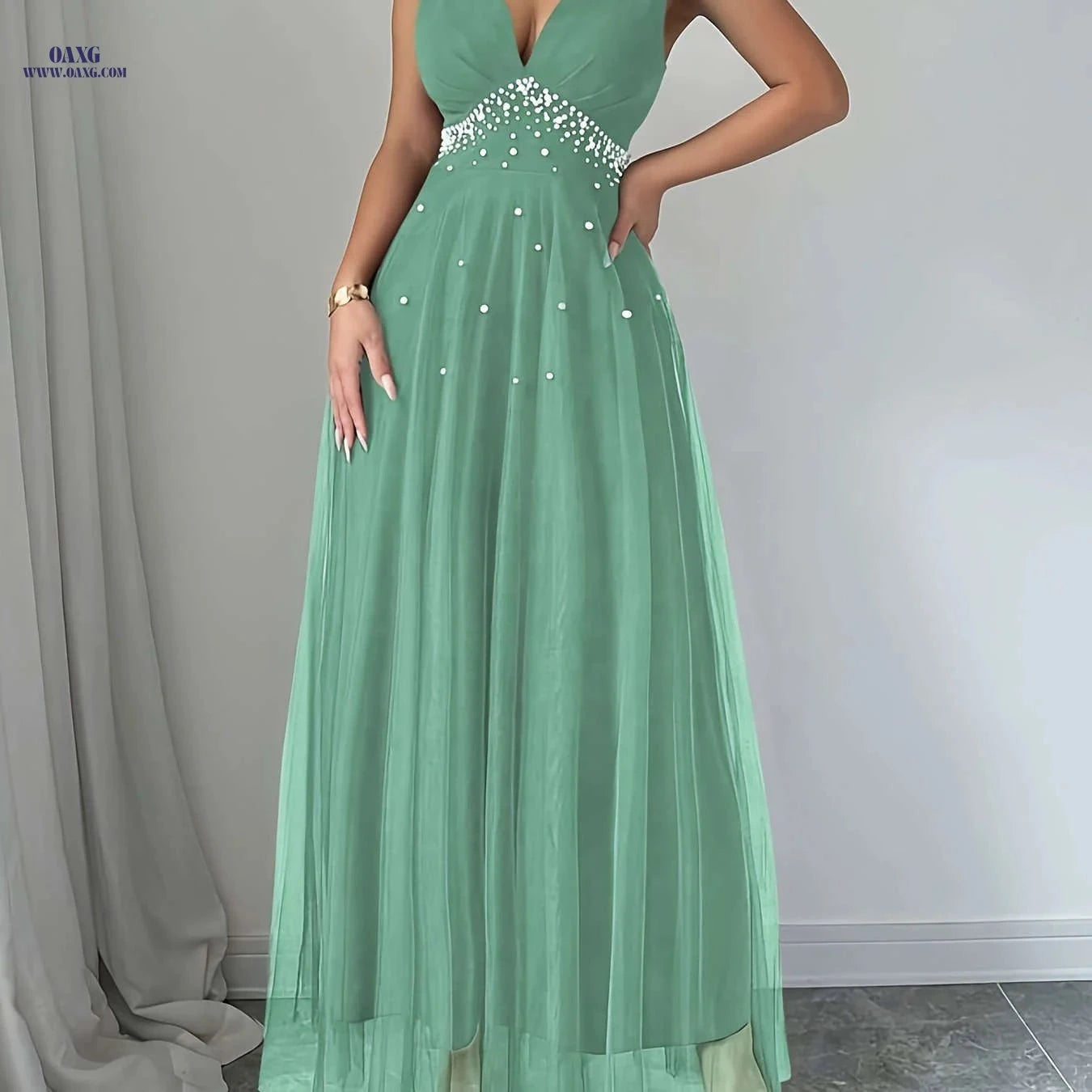 Elegant Women's Pearl Heart Neckline Dress - Perfect for Parties   OAXG Blue / S