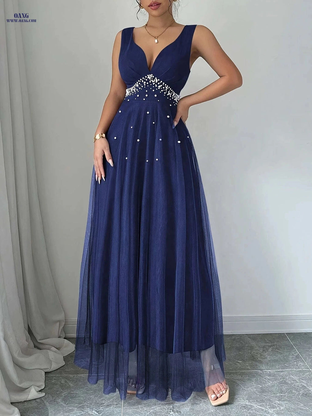 Elegant Women's Pearl Heart Neckline Dress - Perfect for Parties   OAXG Blue / S
