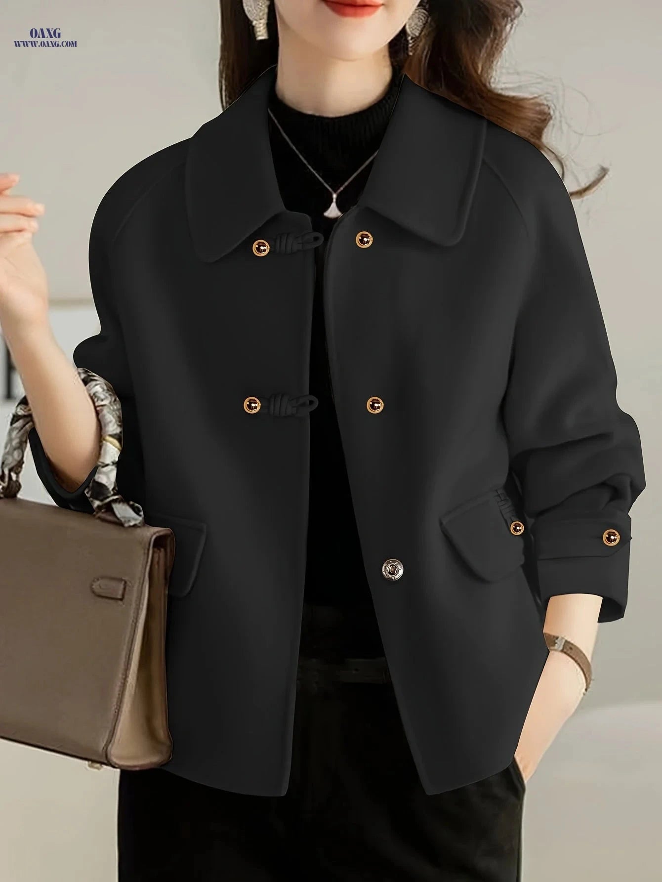 Elegant Women’s Peter Pan Collar Tweed Blazer - Pearl Button Decor   OAXG 
