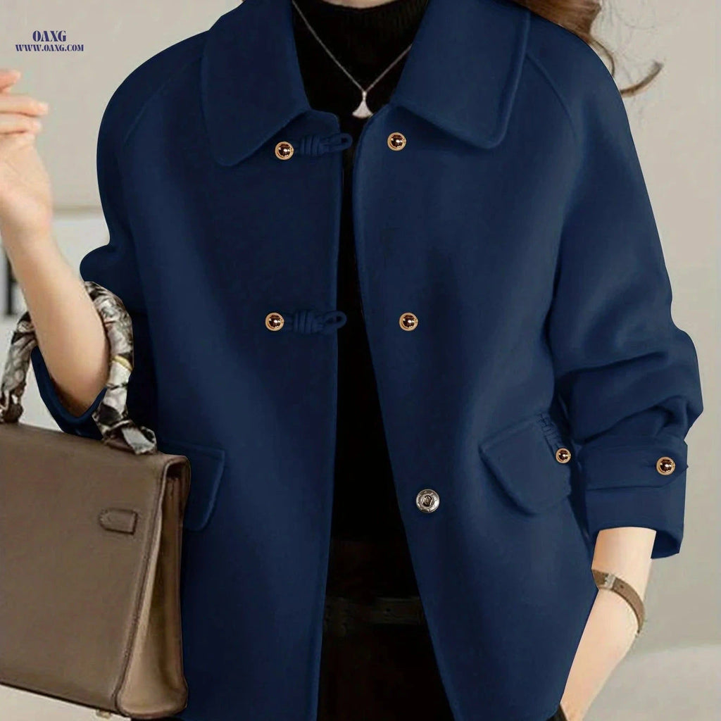 Elegant Women’s Peter Pan Collar Tweed Blazer - Pearl Button Decor   OAXG 