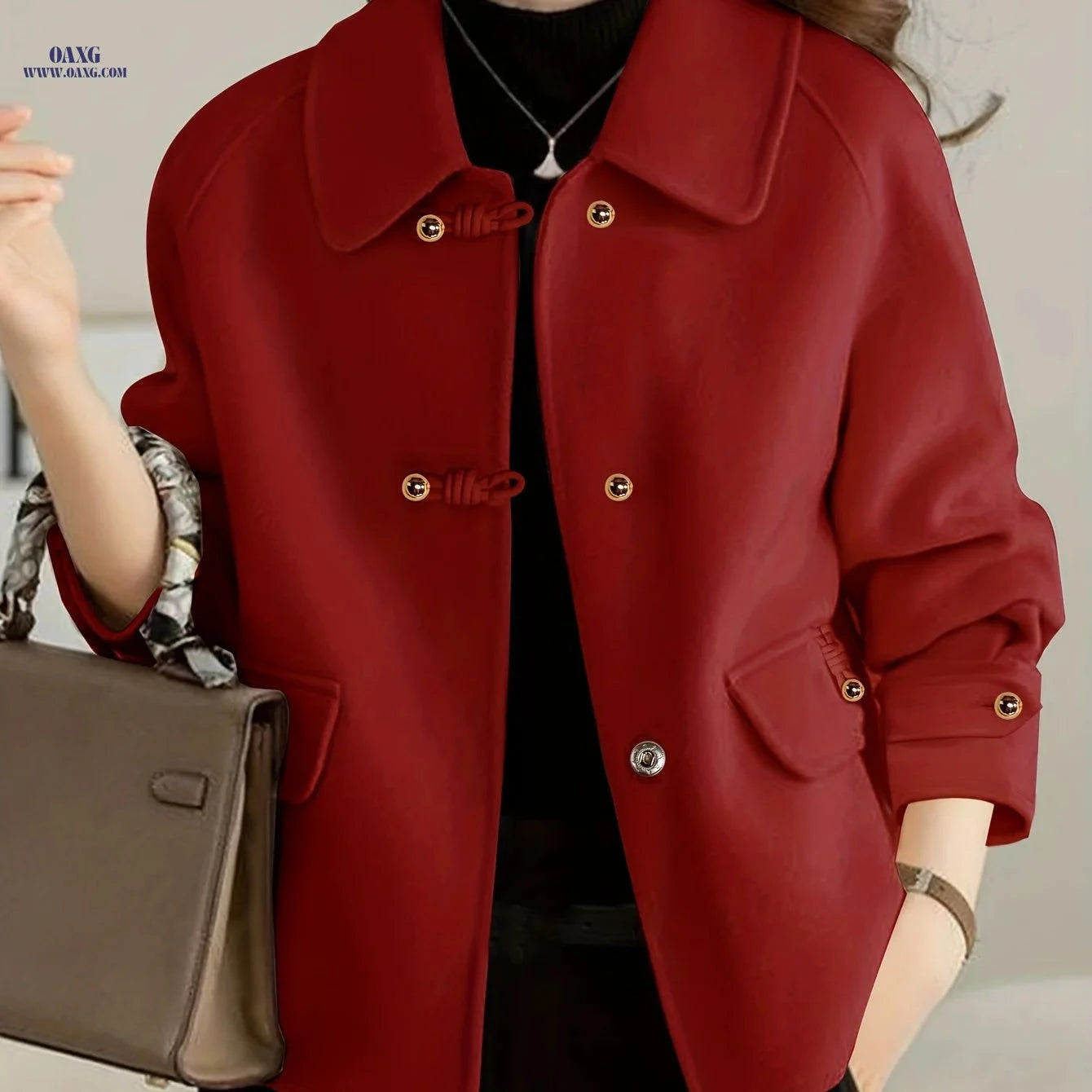 Elegant Women’s Peter Pan Collar Tweed Blazer - Pearl Button Decor   OAXG 