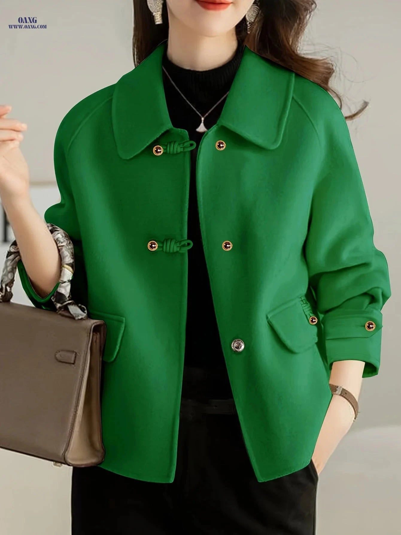 Elegant Women’s Peter Pan Collar Tweed Blazer - Pearl Button Decor   OAXG 