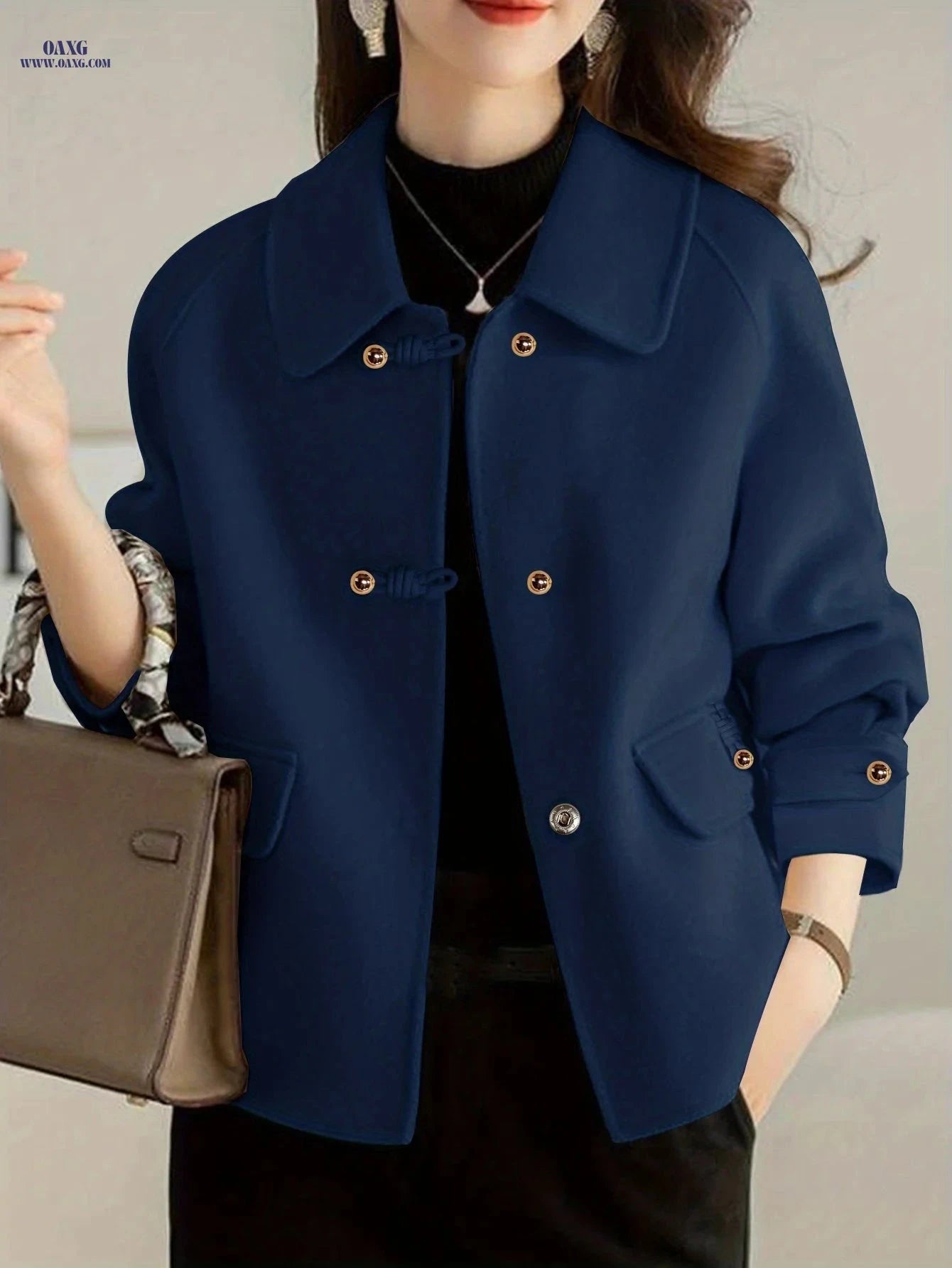 Elegant Women’s Peter Pan Collar Tweed Blazer - Pearl Button Decor   OAXG Royal Blue / S