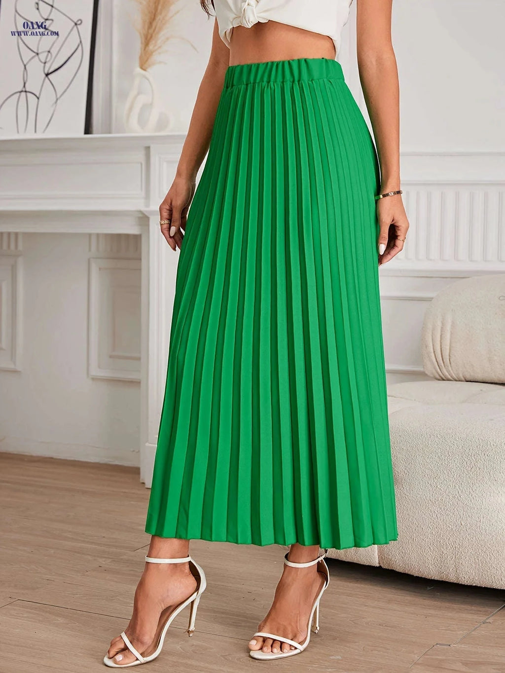 Elegant Women's Pleated Skirt - 100% Polyester for Spring/Summer   OAXG 