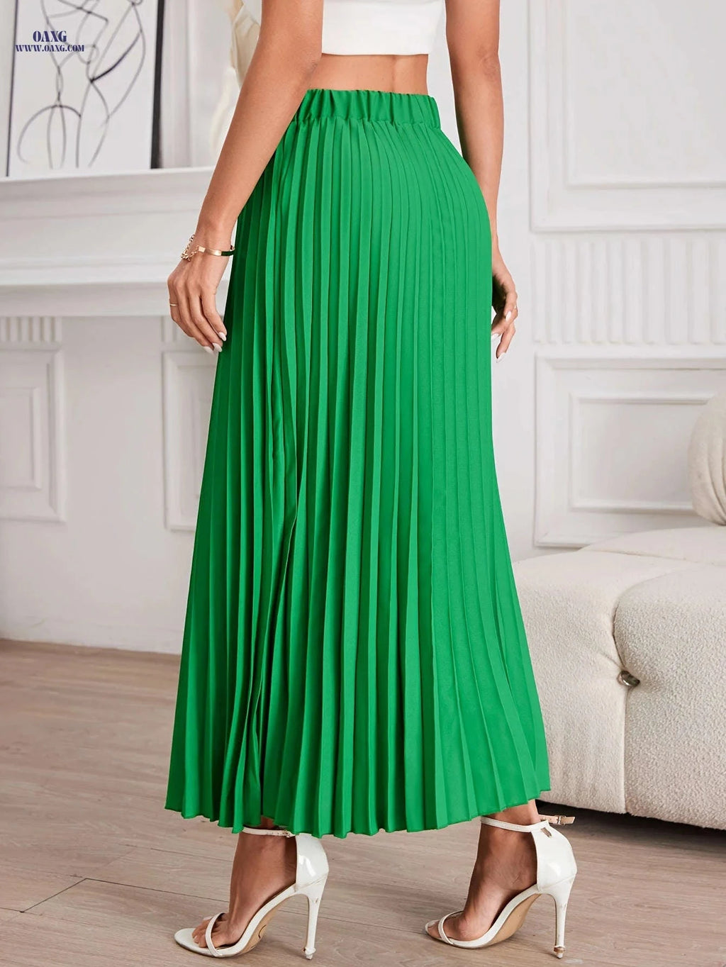 Elegant Women's Pleated Skirt - 100% Polyester for Spring/Summer   OAXG 
