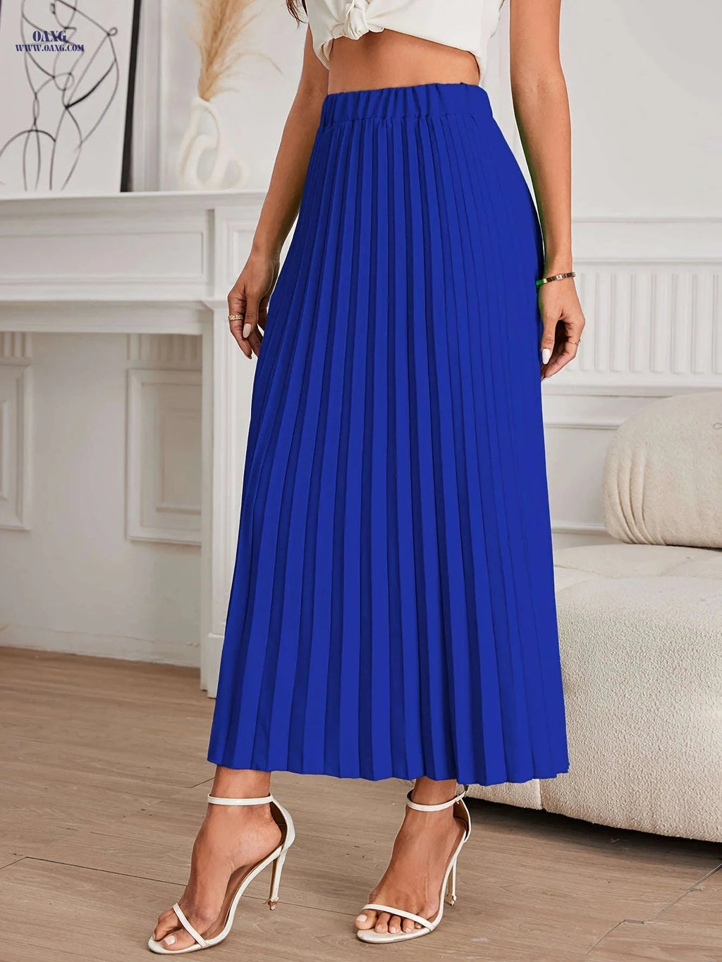 Elegant Women's Pleated Skirt - 100% Polyester for Spring/Summer   OAXG 