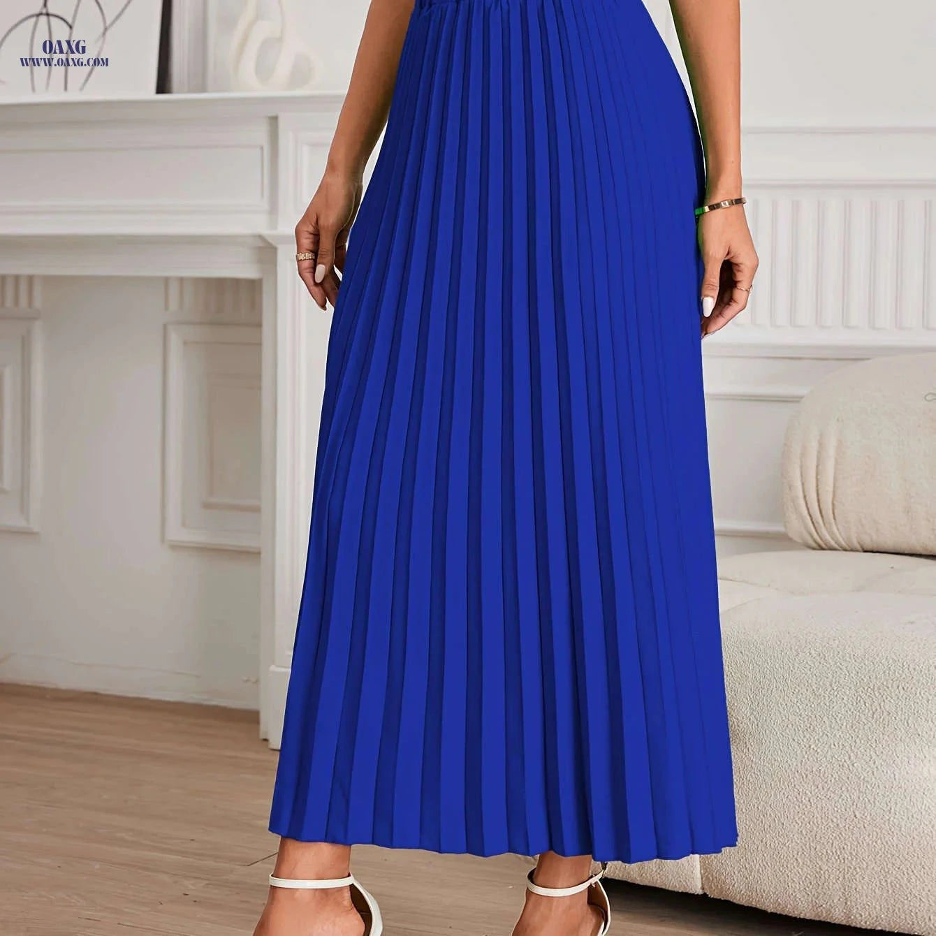 Elegant Women's Pleated Skirt - 100% Polyester for Spring/Summer   OAXG Emerald Green / S