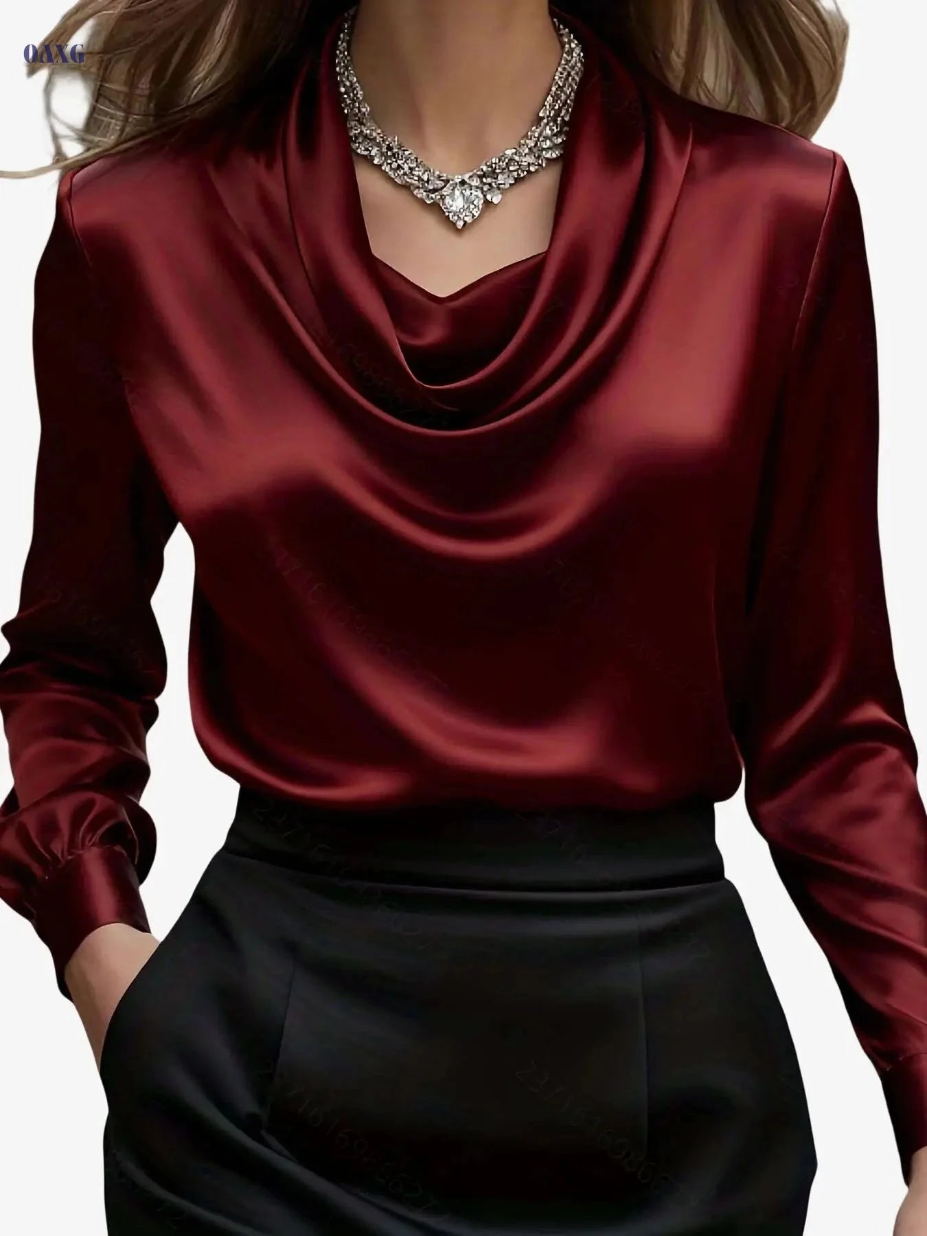 Elegant Women's Pocket Shirt - Ruffled Neckline, Satin Finish   OAXG 