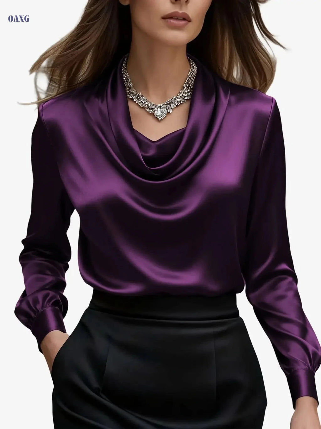 Elegant Women's Pocket Shirt - Ruffled Neckline, Satin Finish   OAXG crimson / S