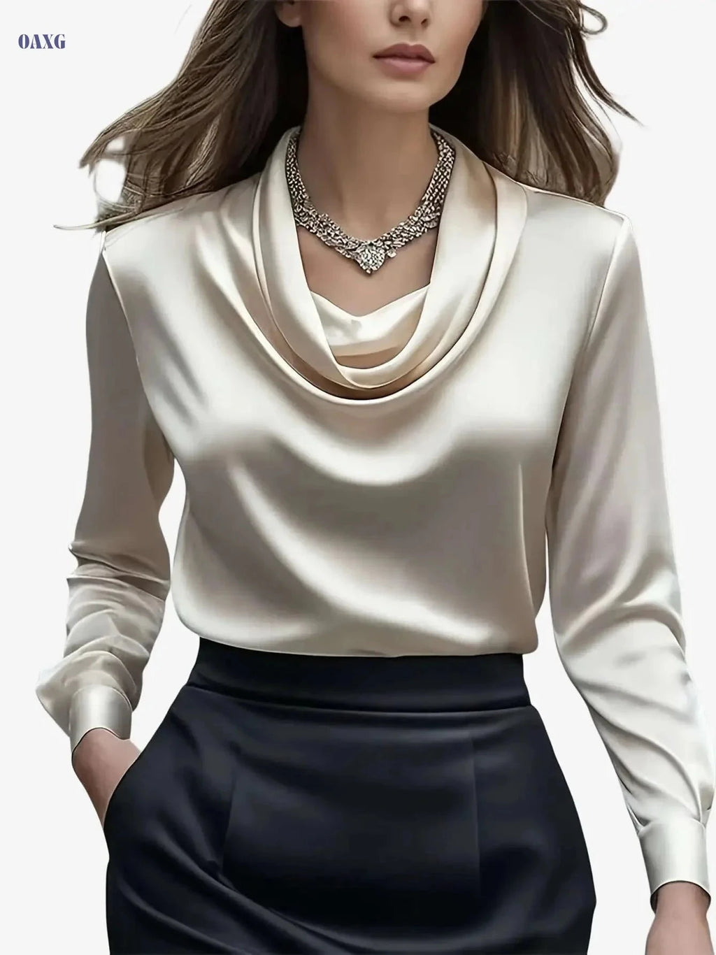 Elegant Women's Pocket Shirt - Ruffled Neckline, Satin Finish   OAXG 