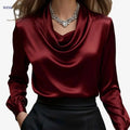 Elegant Women's Pocket Shirt - Ruffled Neckline, Satin Finish   OAXG 