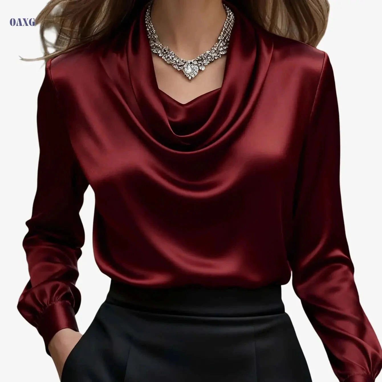 Elegant Women's Pocket Shirt - Ruffled Neckline, Satin Finish   OAXG 