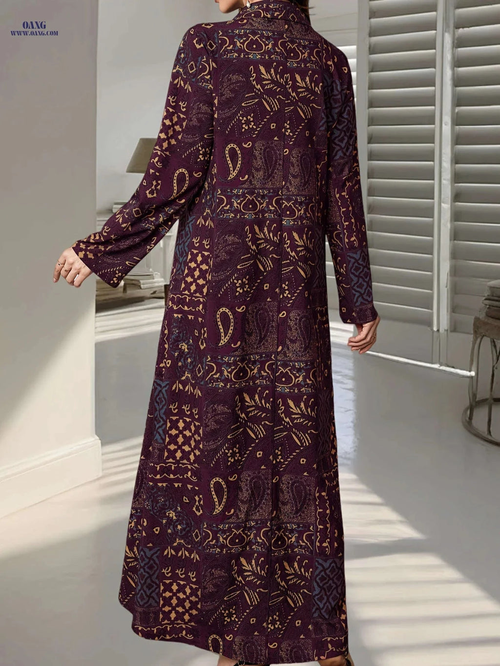 Elegant Women's Print Abaya Dress - Long Sleeve, Loose Fit   OAXG 