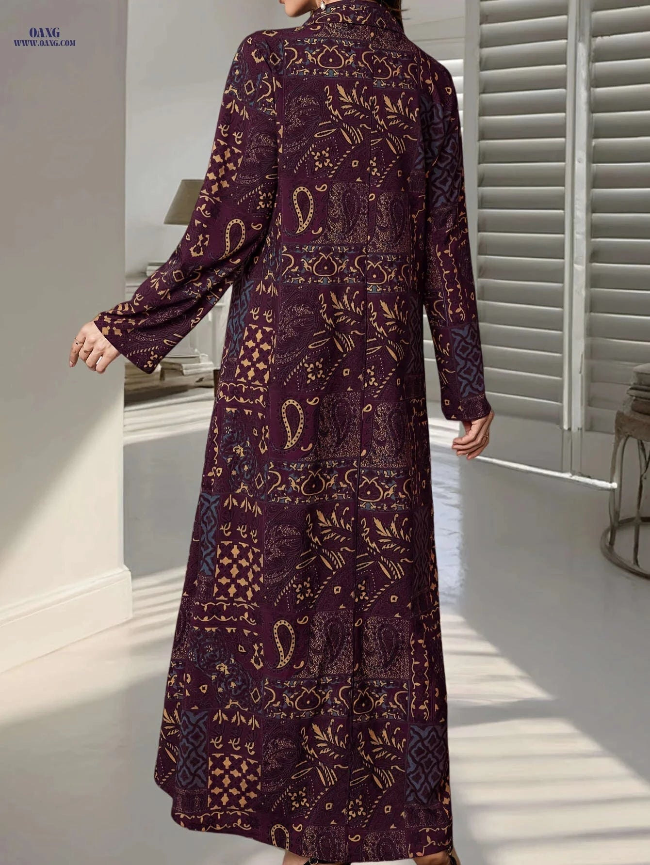 Elegant Women's Print Abaya Dress - Long Sleeve, Loose Fit   OAXG 